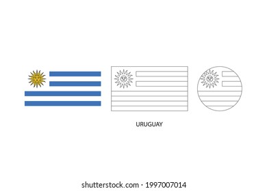 Uruguay flag 3 versions, Vector illustration, Thin black line of rectangle and the circle on white background.