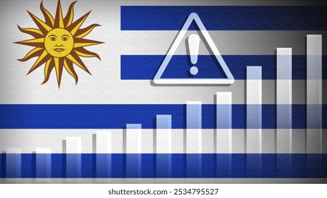 Uruguay flag with burlap texture, warning sign, and rising bar chart symbolizing increasing risk or growth challenges in the country. Ideal for data presentations.