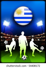 Uruguay Flag Button with Soccer Match in Stadium Original Illustration