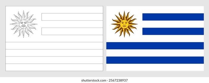 Uruguay flag - coloring page. Set of white wireframe thin black outline flag and original colored flag.