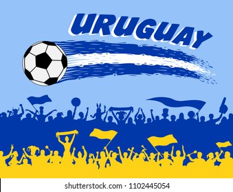 Uruguay flag colors with soccer ball and supporters. All the objects, brush strokes and silhouettes are in different layers and the text types do not need any font. 