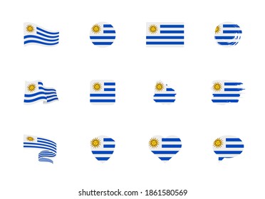 Uruguay flag - flat collection. Flags of different shaped twelve flat icons. Vector illustration set