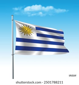 Uruguay flag flying on blue sky, vector illustation.