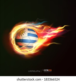 Uruguay flag with flying soccer ball on fire isolated black background, vector illustration