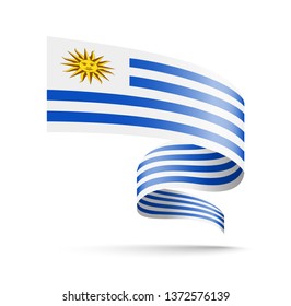 Uruguay flag in the form of wave ribbon vector illustration on white background.