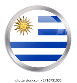 Uruguay flag - glossy circle button in metal frame displays a colorful flag of a country cultural identity and heritage. The essence of national pride and unity.