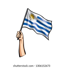 Uruguay flag and hand on white background. Vector illustration
