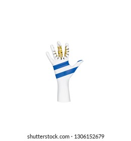 Uruguay flag and hand on white background. Vector illustration