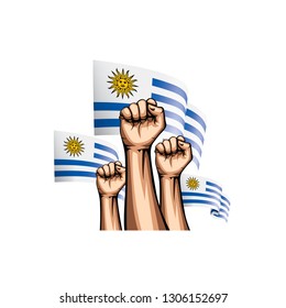 Uruguay flag and hand on white background. Vector illustration