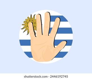 Uruguay-Fahne mit Handstopp-Schild, Protest- und Menschenrechtsidee, Vektorgrafik-Design, Protest in Uruguay, Einschränkung oder verbotenes Emblem, Verletzung der Meinungsfreiheit, Krieg beenden