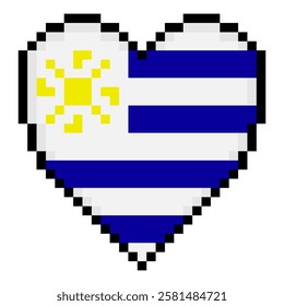  Uruguay flag with heart shape in pixel art style