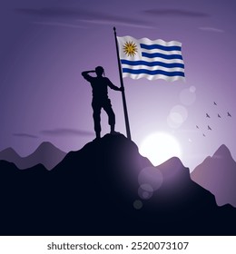 Bandeira do Uruguai hasteada em um pico de montanha com um pôr do sol roxo ao fundo, ilustração vetorial