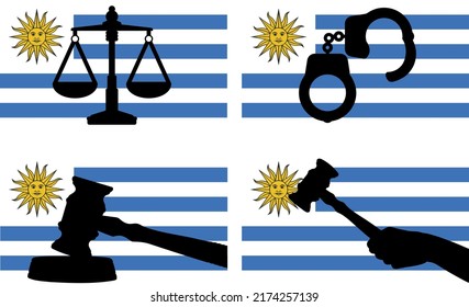 Uruguay flag with justice vector silhouette, judge gavel hammer and scales of justice and handcuff silhouette on country flag, Uruguay law concept, design asset, freedom idea