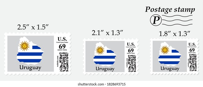 Uruguay flag map on postage stamp different size.