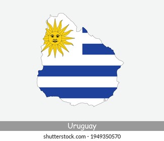Mapa de la Bandera de Uruguay. Mapa de la República Oriental de Uruguay con la bandera nacional uruguaya aislada en un fondo blanco. Ilustración vectorial.