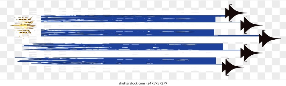 Uruguay flag with military fighter jets isolated background. vector illustration