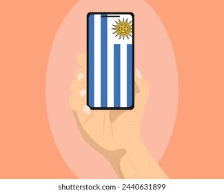 Uruguay flag on mobile phone screen, holding smartphone, advertising social media or banner concept, Uruguay flag showing on phone screen, technology news idea