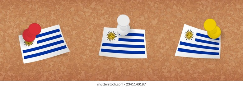 Uruguay flag pinned in cork board, three versions of Uruguay flag. Vector pushpins and flag set.