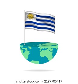 Uruguay flag pole on globe. Flag waving around the world. Easy editing and vector in groups. National flag vector illustration on white background.