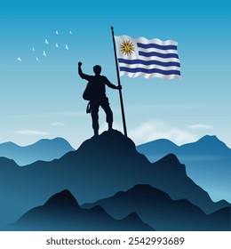 Uruguay Bandera levantada en la cima de una montaña con el cielo despejado en el fondo, Ilustración vectorial