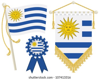 uruguay flag, rosette and pennant, isolated on white