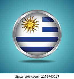Die Flagge Uruguays. Rund glänzend. Silberrahmen. Einzeln auf Farbverlauf-Hintergrund