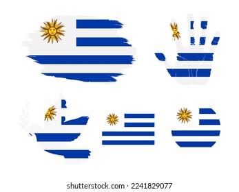 Uruguay flag set, flag of Uruguay collection. Flag in grunge, Dove, Handprint, square and round shape. vector illustration