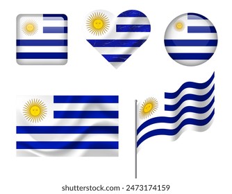 Uruguay flag set of icons. Vector flag of Uruguay, symbol. Set of Uruguay flags button, waved, heart.