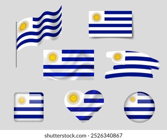 Bandeira uruguaia de ícones. Bandeira do Uruguai, símbolo. Conjunto de Uruguai bandeiras botão, escova, acenado, coração.