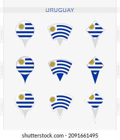 Uruguay flag, set of location pin icons of Uruguay flag. Vector illustration of national symbols.