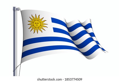 Símbolo del estado de la bandera uruguaya aislado en una bandera nacional de fondo. Tarjeta de saludo Día de la Independencia Nacional de la república oriental de Uruguay. Cartel de ilustración con bandera de estado realista.
