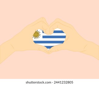 Uruguay flag with two hands heart shape, express love or affection concept, support or donate to Uruguay, hand heart love sign, vector design, patriotism and nationalism idea