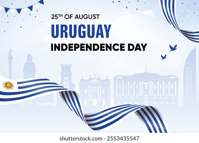 Uruguay Flag Waving On Skyline Background. Independence Day Concept Design Vector Illustration.