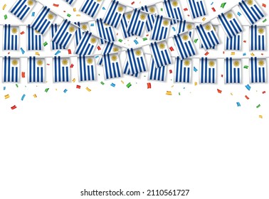 Uruguay flags garland white background with confetti, Hanging bunting for Independence Day celebration template banner, Vector illustration