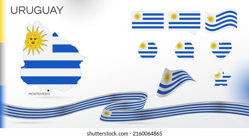 Uruguay Flaggen gesetzt. Verschiedene Designs. Karte und Hauptstadt. Weltflaggen. Vektorset. Circle Icon. Vorlage für den Unabhängigkeitstag. Sammlung nationaler Symbole. Band mit Farben der Flagge.