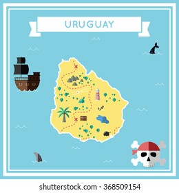 Uruguay flat treasure map. Colorful cartoon treasure map of Uruguay with flat icons of pirate ship, jolly roger, treasure chest and banner ribbon. Flat design vector illustration.