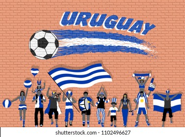 Uruguay football fans cheering with Uruguay flag colors in front of soccer ball graffiti. All the objects are in different layers and the text types do not need any font. 