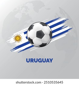 Uruguay Football with Uruguay Flag and World Map behind them. isolated on white background