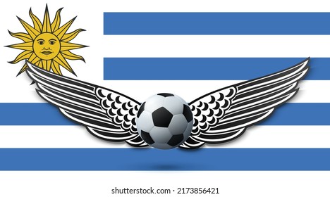 Uruguay football team with flag background vector design. Soccer championship concept with wings illustration template. 