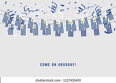 Uruguay garland flag with confetti on gray background, Hang bunting for Uruguay celebration template banner. vector