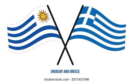 Uruguay and Greece Flags Crossed And Waving Flat Style. Official Proportion. Correct Colors.
