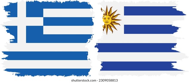 Uruguay and Greece grunge flags connection, vector