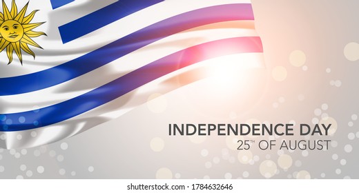 Uruguay happy independence day vector banner, greeting card. Uruguayan realistic wavy flag in 25th of August national patriotic holiday horizontal design