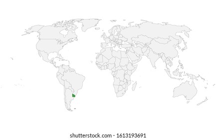 Uruguay highlighted world political map. Light gray background. South America. Perfect for backgrounds, business concepts, backdrop, banner, label, sticker, chart, and wallpapers.
