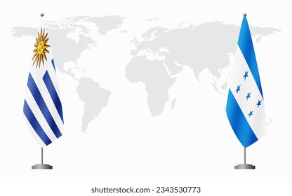 Uruguay and Honduras flags for official meeting against background of world map.