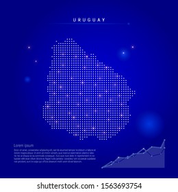 Uruguay illuminated map with glowing dots. Infographics elements. Dark blue space background. Vector illustration. Growing chart, lorem ipsum text.