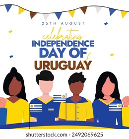 Uruguay Independence Day. 25th August Independence day of Uruguay  celebration banner with its people holding its flags, yellow and blue. This day recalls Uruguay's independence from Brazil in 1825. 