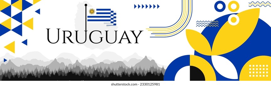 Uruguay Independence Day abstract banner design with flag and map. Flag color theme geometric pattern retro modern Illustration design. Blue and Yellow flag color template.