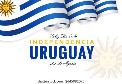 Dia da Independência do Uruguai comemorando cartaz criativo com bandeira ondulada 3D e máscara de corte isolada. Feliz Dia da Independência Uruguai 25 de agosto cartão de saudação espanhol. Modelo de outdoor de anúncio.