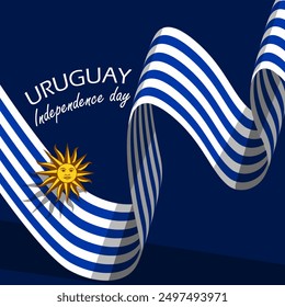 Uruguay Independence Day event banner. Uruguayan flag flying on dark blue background to celebrate on August 25th